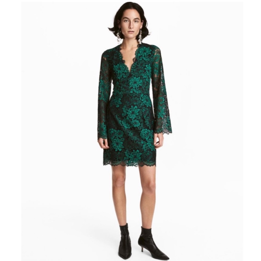 NWT H&M Green Lace V-Neck Mini Dress Sz 6